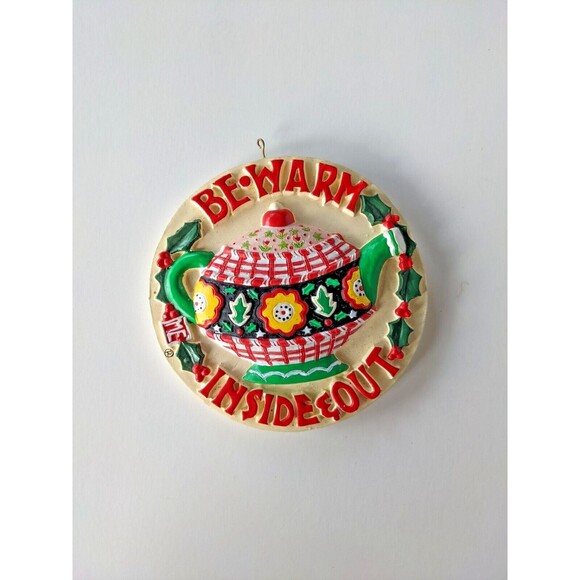Vintage Mary Engelbreit Ornament Be Warm Inside and Out Teapot Holly Round Rare - Picture 2 of 5